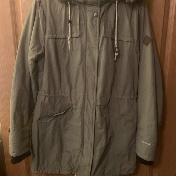 Eddie Bauer Ladder Creek High-Pile Parka Faux Fur Hood Cinch Waist, Sz Lg - Picture 3 of 10